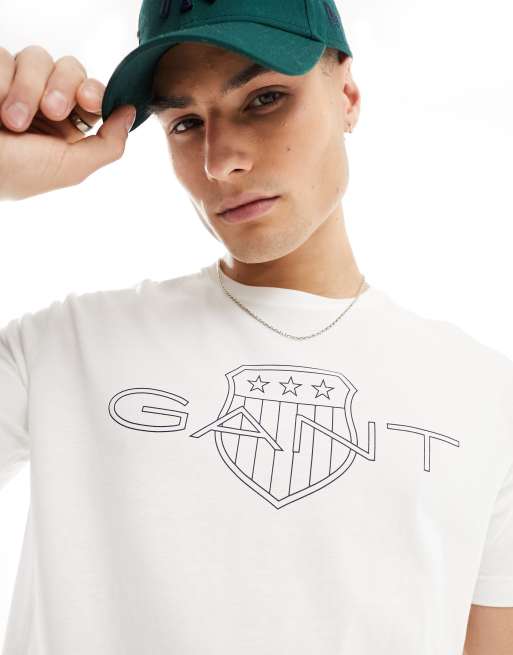 Gant – Biały T-shirt z dużym logo z tarczą