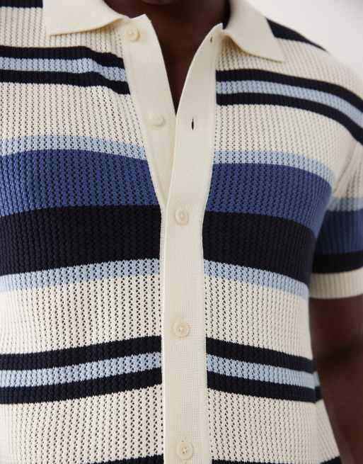 GANT – Blårandig, texturerad pikétröja med knäppning, 5 av 5