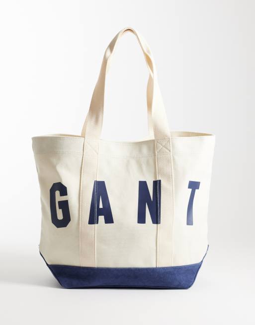 GANT - Bolso shopper color crema con logo universitario
