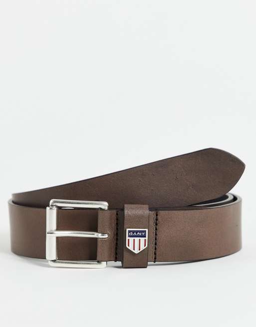 Gant – Brązowy skórzany pasek z logo z motywem tarczy