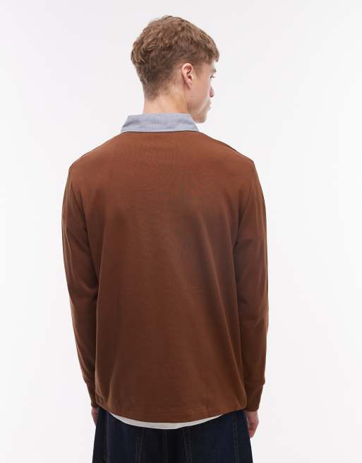 GANT – Brun, grov pikétröja i rugbystil och chambray-tyg med krage, 3 av 5
