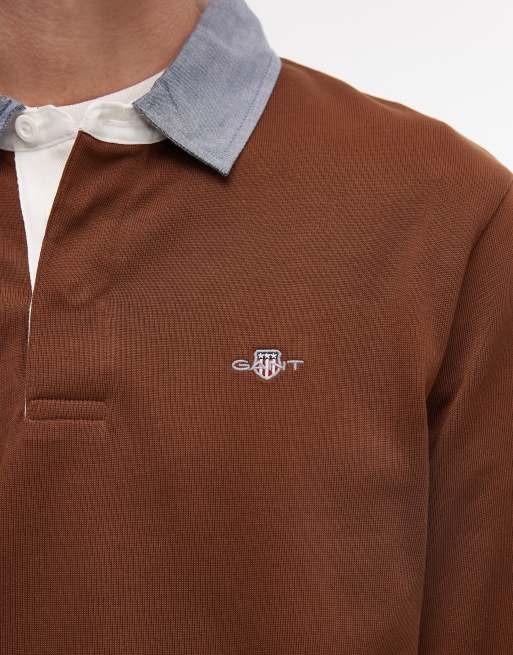 GANT – Brun, grov pikétröja i rugbystil och chambray-tyg med krage, 5 av 5