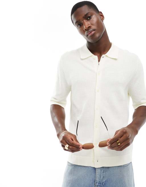 GANT button through textured cotton knit polo shirt in cream, 2 of 4