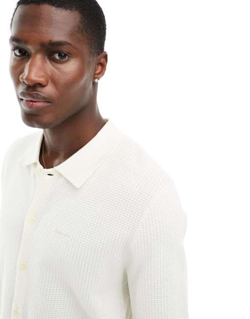 GANT button through textured cotton knit polo shirt in cream, 3 of 4