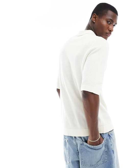 GANT button through textured cotton knit polo shirt in cream, 4 of 4