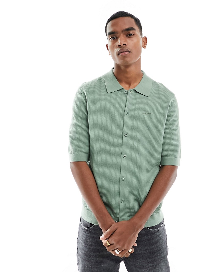 GANT button through textured cotton knit polo shirt in light green