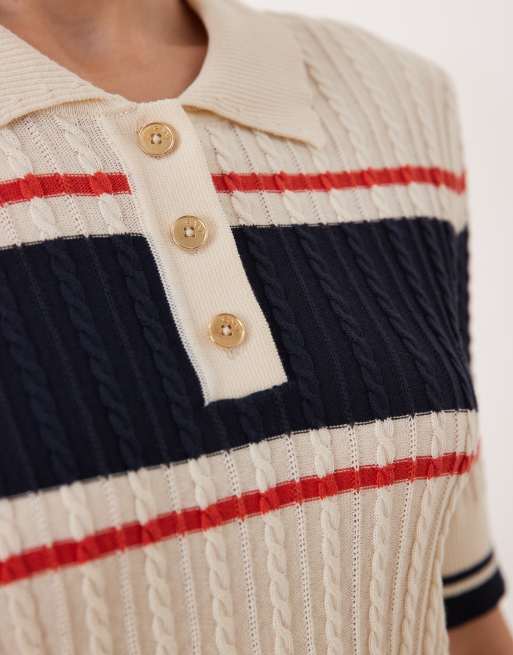 GANT button up polo sweater with stripe in cream, 4 of 4