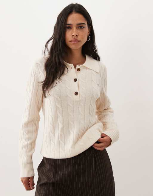GANT cable knit rugby cardigan in cream, 2 of 4
