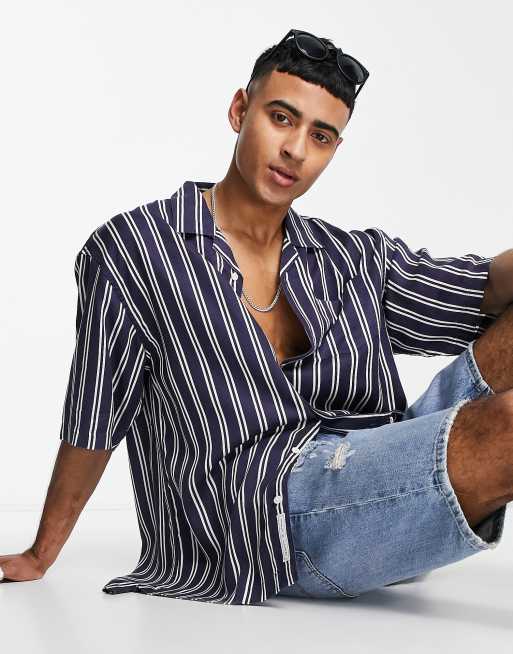 GANT - Camicia a maniche corte blu navy a righe in lyocell