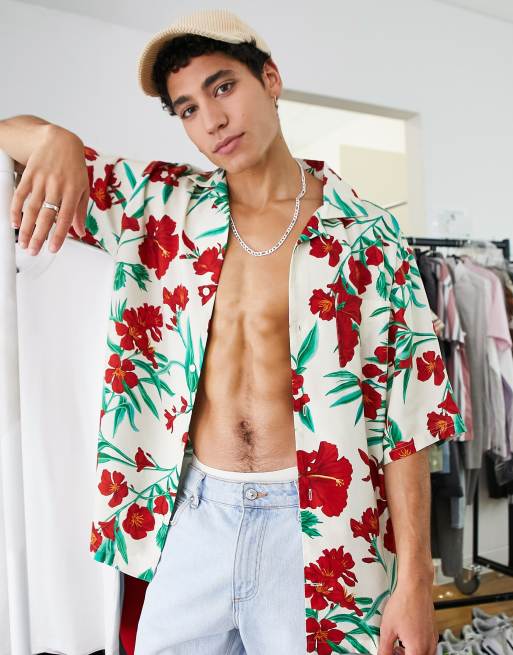GANT - Camicia a maniche corte comoda in lyocell con stampa a fiori, color crema