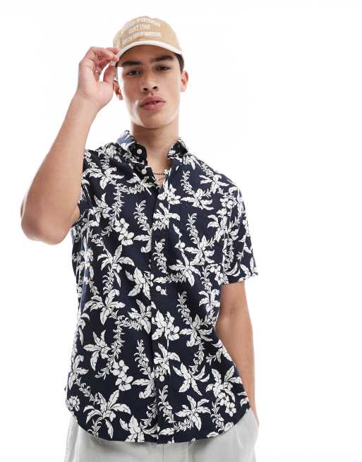 GANT - Camicia a maniche corte in lino e cotone blu navy con stampa di palme