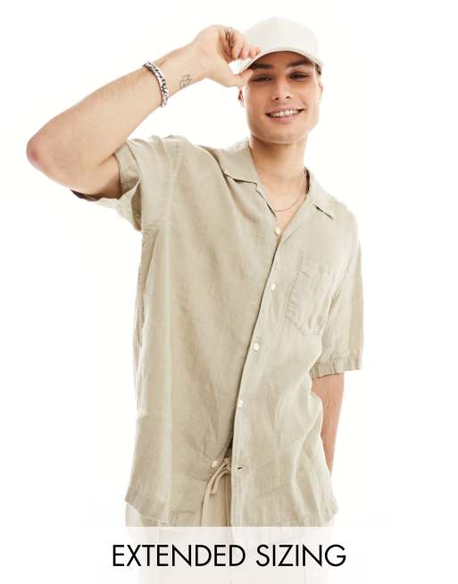 GANT - Camicia a maniche corte tinta in capo in lino beige con colletto a rever vestibilità comoda