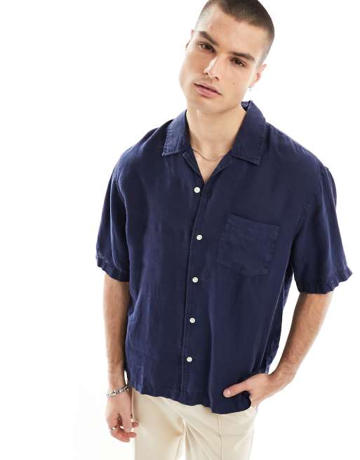 GANT - Camicia a maniche corte tinta in capo in lino blu navy con colletto a rever vestibilità comoda