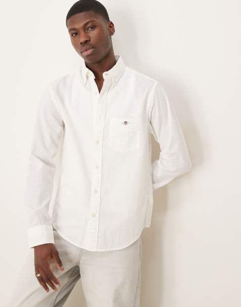 GANT - Camicia bianco sporco in seersucker con righe tono su tono e logo dello scudo - view 1