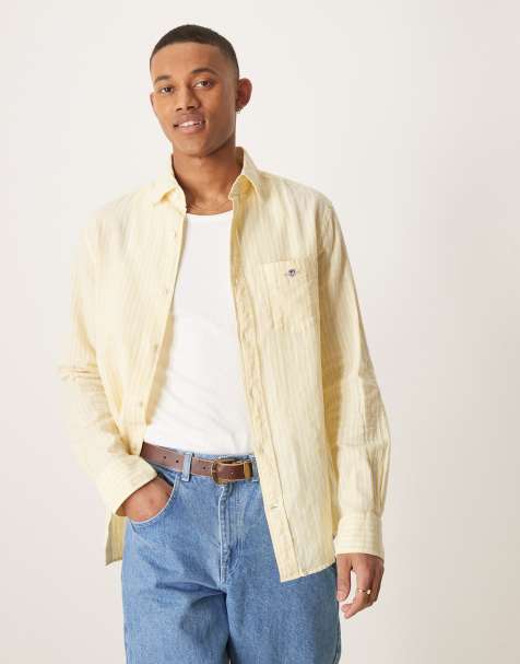 GANT - Camicia gialla a righe in cotone e lino con logo dello scudo - view 1