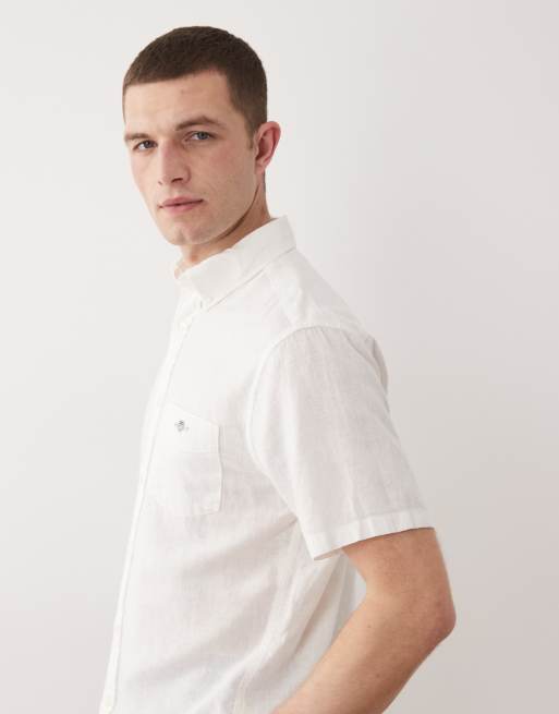 GANT - Camicia in cotone e lino bianca a maniche corte con logo a scudo, 4 di 5