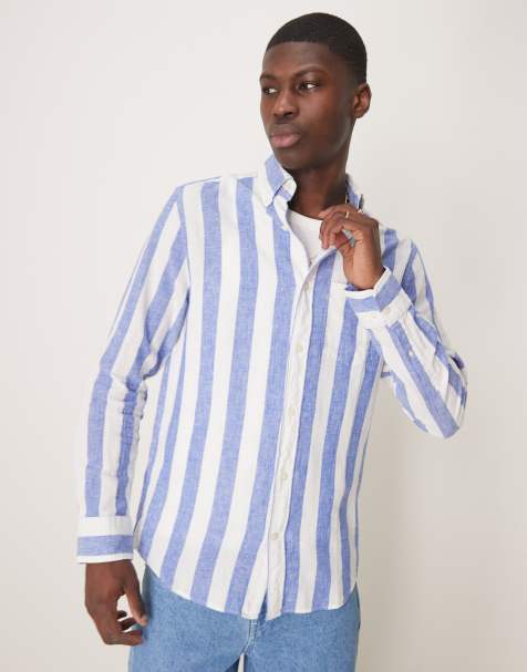 GANT - Camicia in cotone e lino blu medio a righe con logo a scudo - view 1