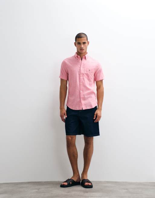 GANT - Camicia in cotone e lino rosa a maniche corte con logo a scudo, 3 di 5
