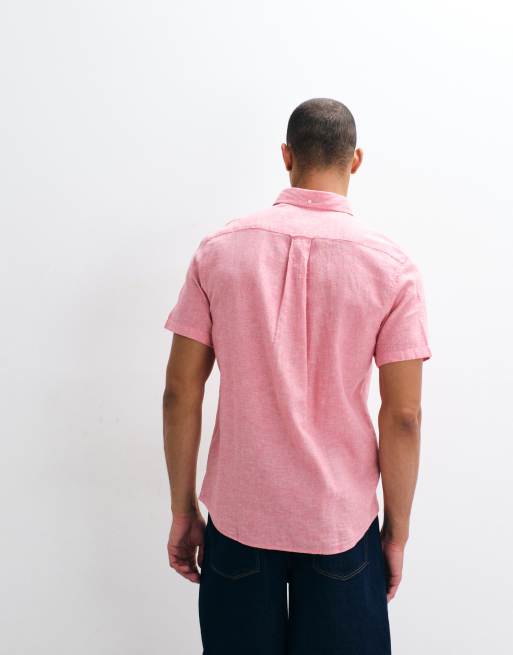GANT - Camicia in cotone e lino rosa a maniche corte con logo a scudo, 5 di 5