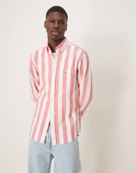 GANT - Camicia in cotone e lino rosso mattone a righe con logo a scudo - view 1