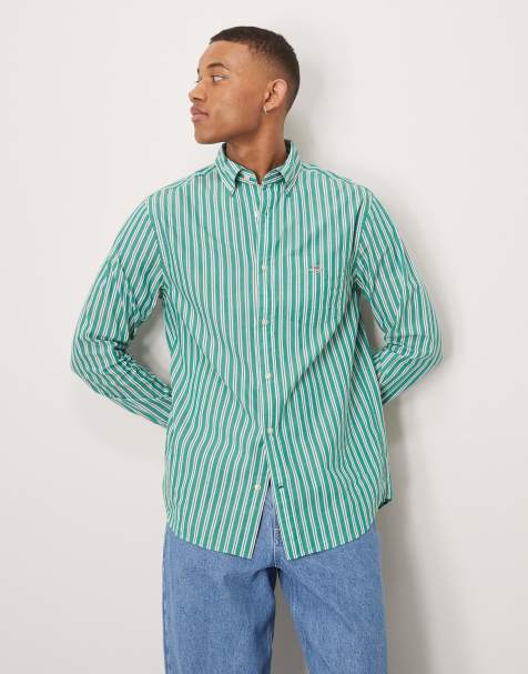 Gant - Camicia in popeline verde medio a righe classica con logo - view 1