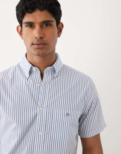 GANT - Camisa azul a rayas de manga corta de corte estándar de popelina, 2 de 5