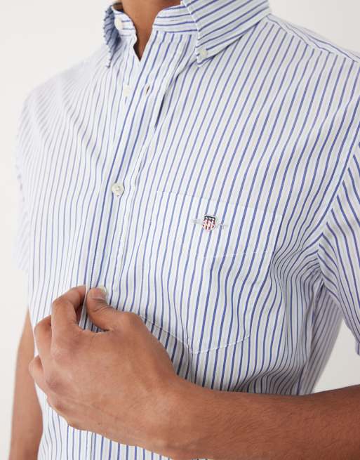 GANT - Camisa azul a rayas de manga corta de corte estándar de popelina, 5 de 5
