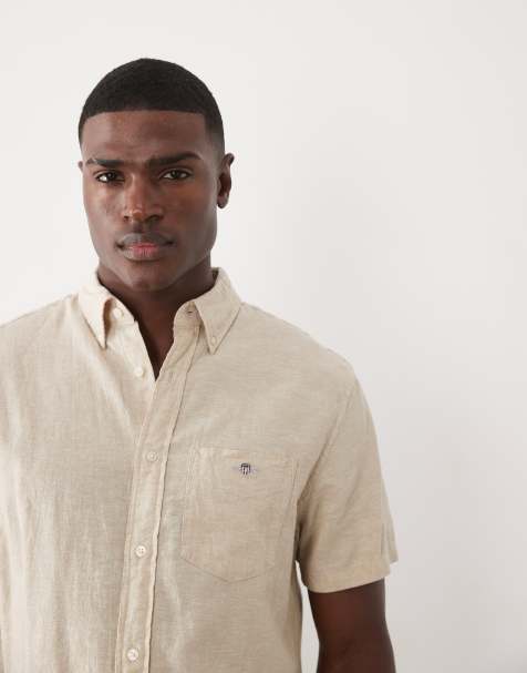 GANT - Camisa beis de manga corta con logo de escudo de algodón y lino - view 1