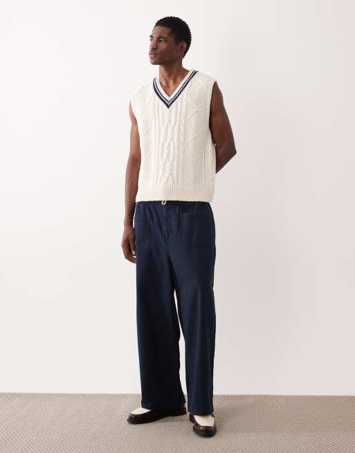 Gant - Canotta in maglia a trecce color crema con colletto a contrasto, 2 di 5