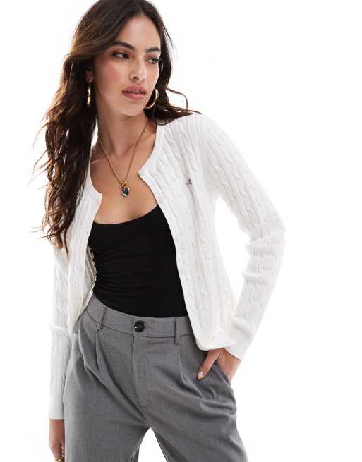 GANT - Cardigan in maglia lavorata a trecce in cotone bianco con logo