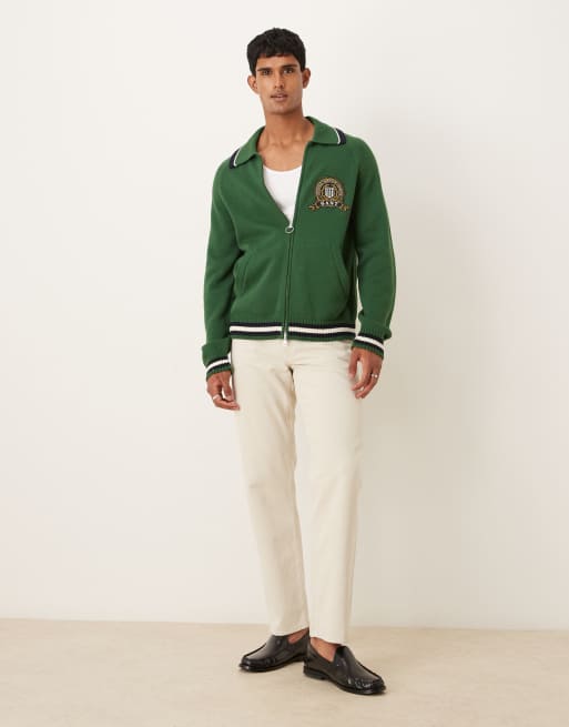 GANT - Cardigan in maglia verde stile college con zip, 2 di 5