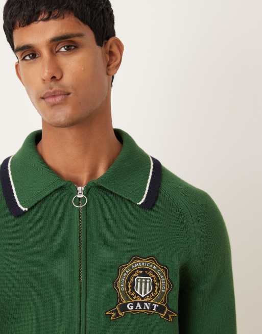 GANT - Cardigan in maglia verde stile college con zip, 5 di 5
