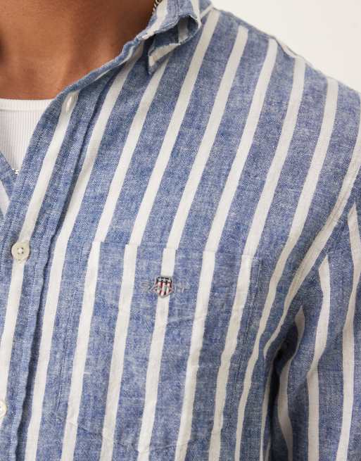 Chemise Homme GANT à Rayures Nadelstreifen - Taille L, Bleue, Coupe Slim, Occasion Très Bon état