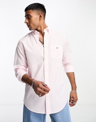 GANT icon logo stripe regular fit poplin shirt in light pink - ASOS Price Checker