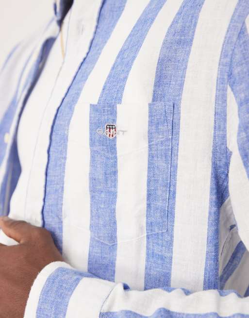 GANT - Chemise en lin et coton à rayures larges et écusson logo - Bleu moyen, 2 de 4