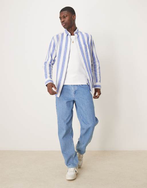 GANT - Chemise en lin et coton à rayures larges et écusson logo - Bleu moyen, 3 de 4