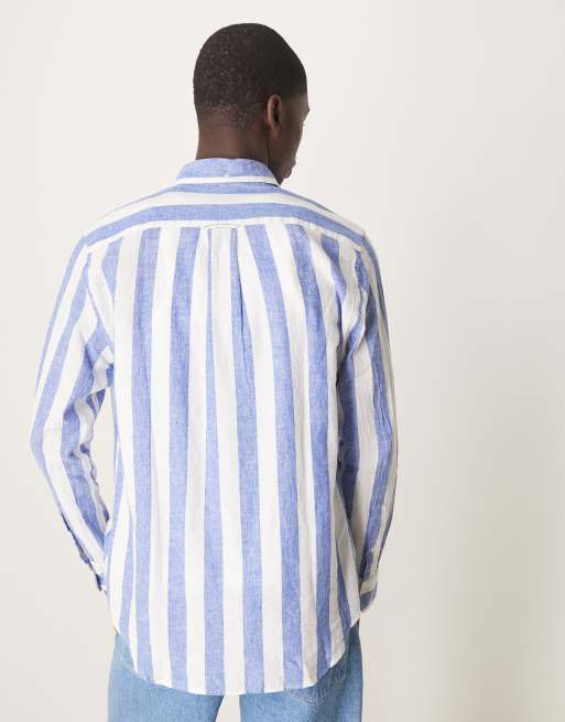 GANT - Chemise en lin et coton à rayures larges et écusson logo - Bleu moyen, 4 de 4