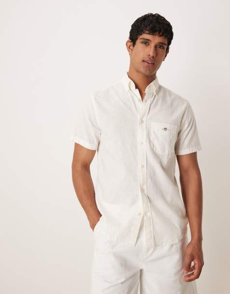 GANT - Chemise manches courtes à logo blason en coton et lin - Blanc - view 1