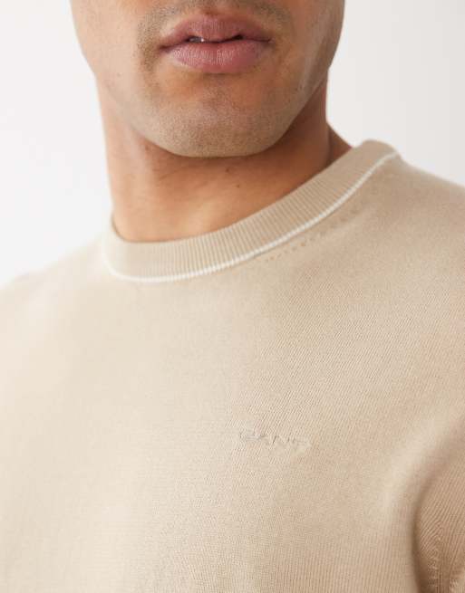 GANT chest logo embroidery knit t-shirt in beige , 3 of 5