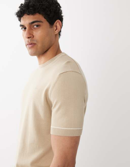 GANT chest logo embroidery knit t-shirt in beige , 4 of 5