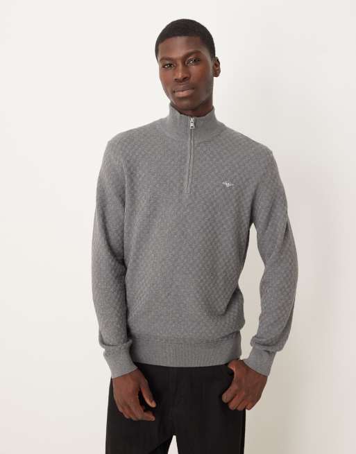 Gant – Ciemnoszary sweter z fakturowanej dzianiny z zamkiem pod szyją i logo z tarczą