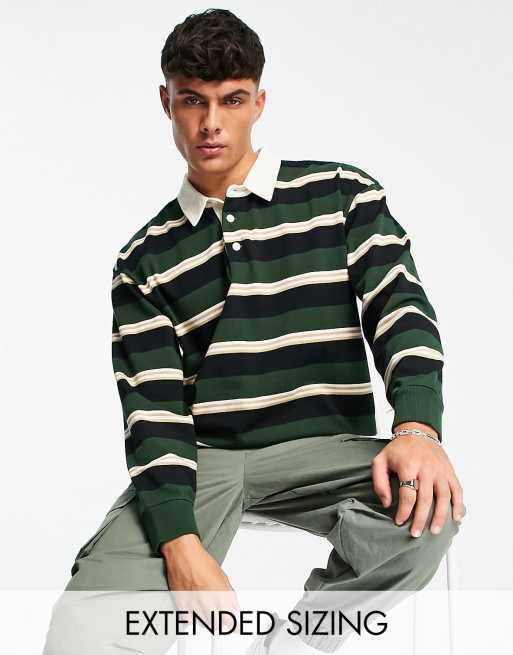 Gant – Ciemnozielona gruba koszulka polo o luźnym kroju w stylu rugby w paski, z logo