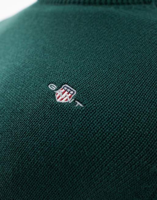 GANT – Ciemnozielony sweter z dzianiny bawełnianej, z logo, 3 z 4