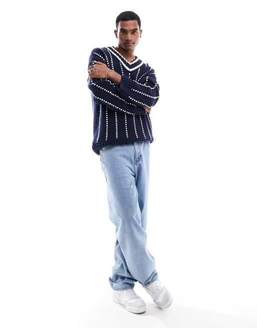 GANT – College-Strickpullover mit Nadelstreifen und V-Ausschnitt aus Schafwolle in Marineblau