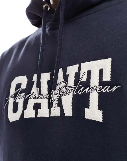 GANT collegiate arch script logo hoodie in navy, 3 of 4