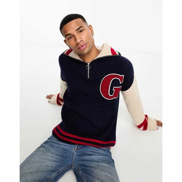 GANT collegiate letterman neppy wool knit oversized half zip