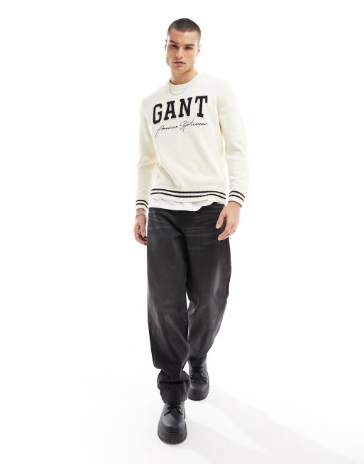 GANT collegiate logo relaxed fit cotton knit jumper in cream, 2 of 4