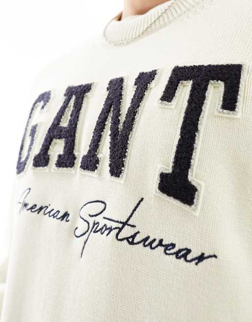 GANT collegiate logo relaxed fit cotton knit jumper in cream, 3 of 4