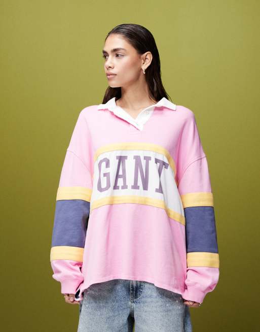 GANT colour block rugby sweatshirt with logo in pink | ASOS