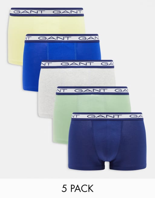 Gant - Confezione da 5 boxer aderenti verdi, blu navy, neri, grigi e gialli con fascia in vita con logo